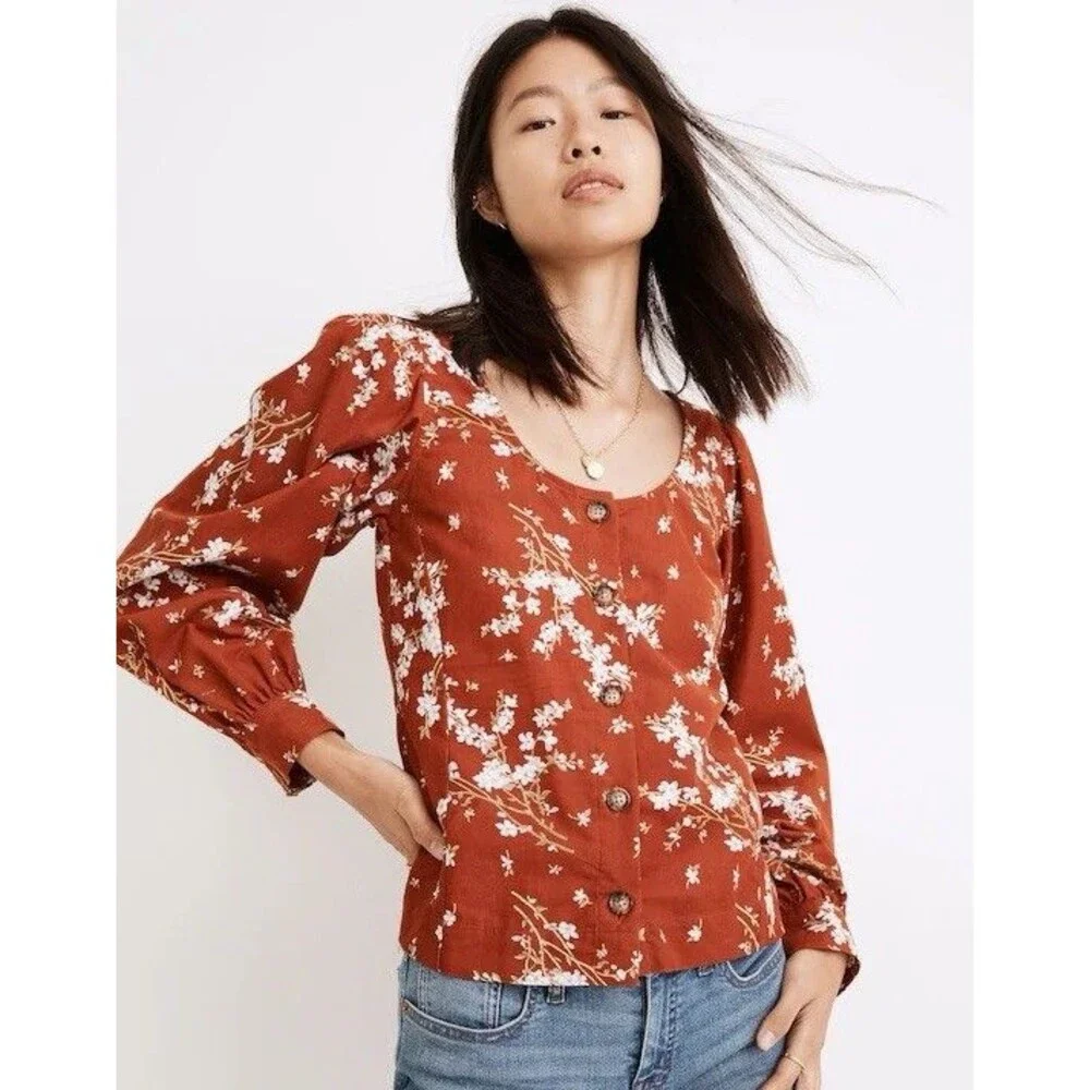 Madewell Corduroy Shirred-Sleeve Button-Front Top Farmstand Bouquet Rusty S Fall